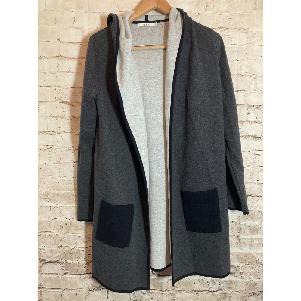 OST Sweater Womens Small Charcoal Grey Long Line Open Front Cardigan Lagenlook
